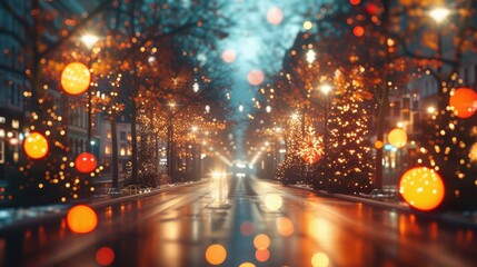 A charming enchanting evening street adorned with colorful festive lights and beautiful reflections