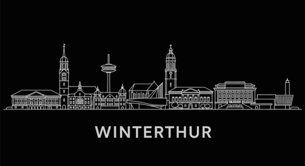 Fototapeta premium Winterthur Skyline with Switzerland, and White Outline.