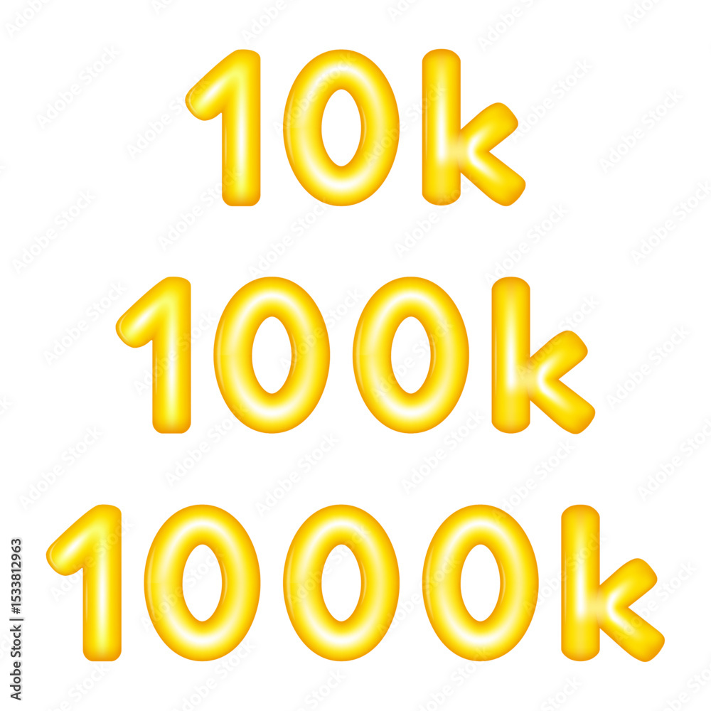 Fototapete glossy 3d rendered golden balloon style numerals 10k 100k and 1000k in a shiny playful icons vectors