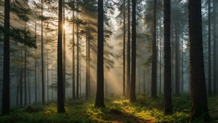 Obraz premium Golden Dawn in a Serene Pine Forest with Morning Mist