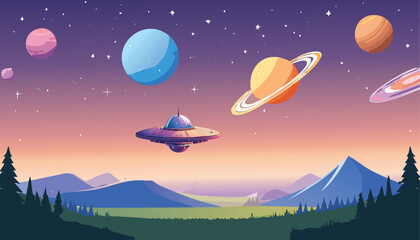 A cosmic landscape with stars, planets and a starship