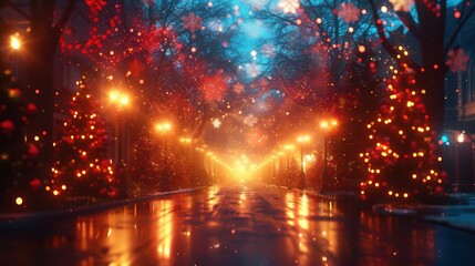 An enchanting Christmas street adorned with beautiful festive lights and delightful decorations