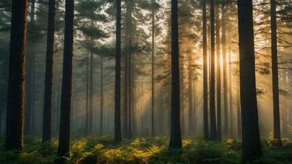 Fototapeta premium Golden Dawn in a Serene Pine Forest with Morning Mist