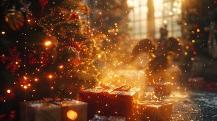 Experience a Magical Christmas Morning Filled with Glowing Lights, Beautiful Decorations, and Gifts