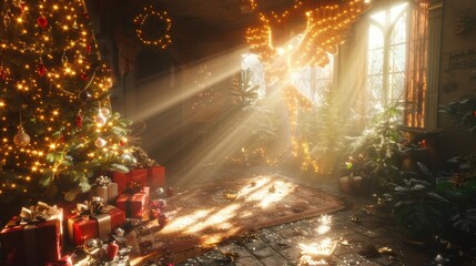 A Magical Christmas Scene Illuminated by Soft and Warm Light, Creating a Cozy Atmosphere