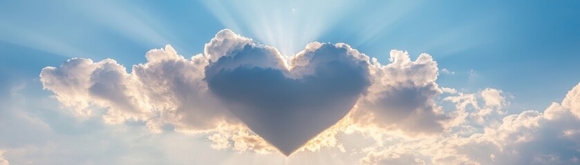 A heart-shaped cloud in the sky, radiating love and warmth. The soft, fluffy clouds are illuminated by the sun's rays, creating a dreamy and romantic atmosphere.