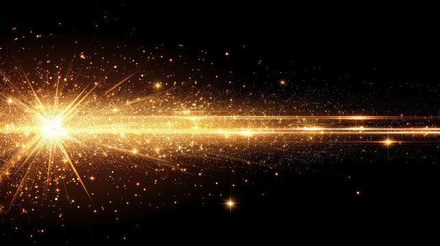 Bright golden light streaks create stunning bokeh effect against dark background, evoking sense of wonder and magic. This abstract image captures essence of shimmering particles and glowing stars