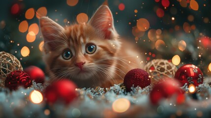 A Playful Kitten Joyfully Surrounded by Holiday Cheer, Colorful Sparkling Lights, and Decor