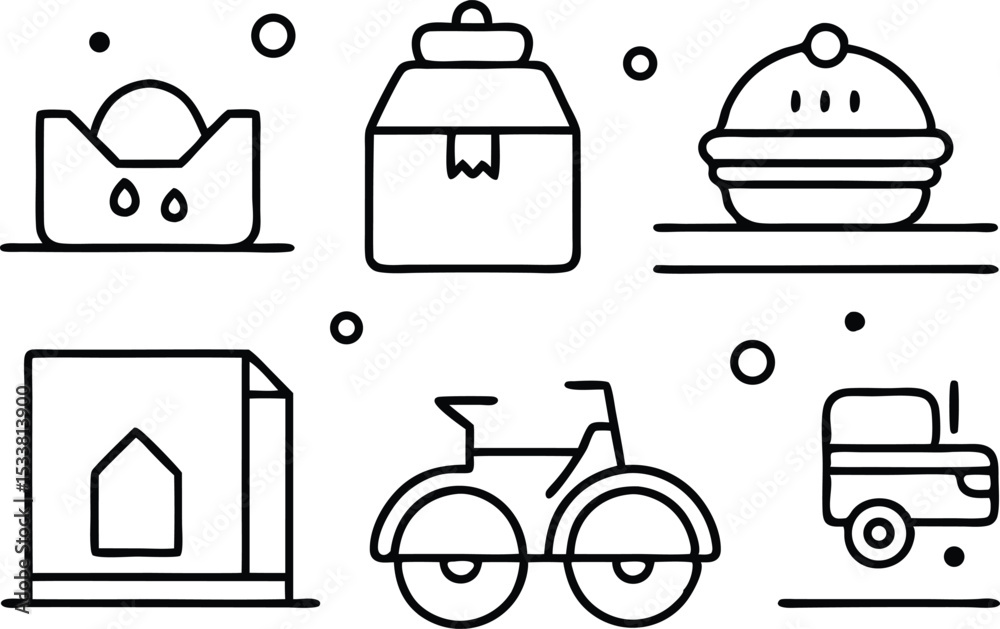 Poster simple vector illustrations depicting diverse icons representing various concepts and objects