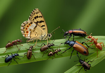 Vibrant Ecosystem: Diverse Insects, Butterfly, Ants, and Beetles on a Green Blade