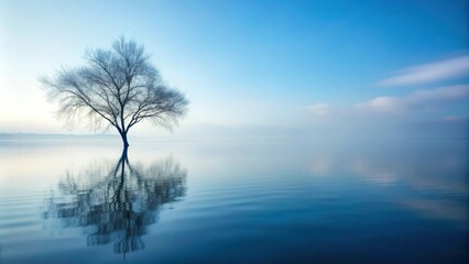 Serene waters reflecting a lone, leafless tree at dawn