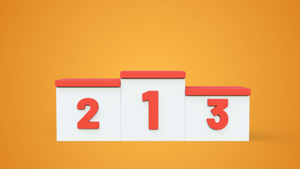 Award pedestal for first, second, third place. Empty winner podium on yellow background. Champions platform of competition for victory ceremony.