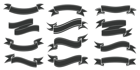 Collection of twelve dark gray banner designs with varying shapes and ribbon like edges on white background