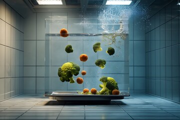 Fresh broccoli and orange balls submerged in a glass water tank in a sterile tiled room, creating a surreal and artistic food scene.