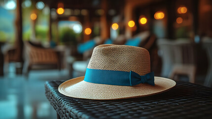 Summer Straw Hat with Teal Bow Illustration