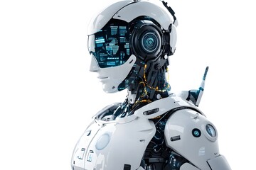 Realistic futuristic robot portrait in profile view depicting advanced artificial intelligence concept