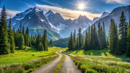 Scenic Winding Road Through Lush Alpine Meadow Towards Majestic Snow-Capped Mountains at Sunrise