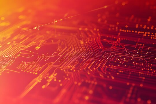 Red and orange close-up view of a complex electronic circuit board with data connections for technology use