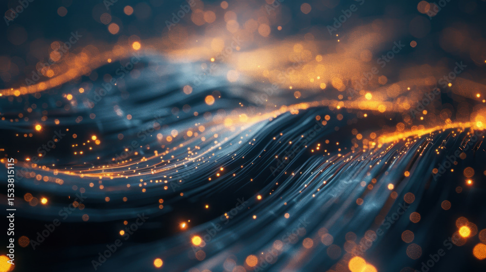Poster digital particle stream flows through glowing waves, creating mesmerizing visual effect. interplay o