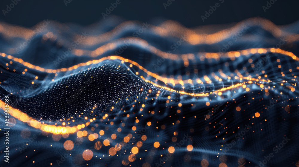 Poster digital particle stream flows through glowing tunnel, creating mesmerizing visual effect. waves of l
