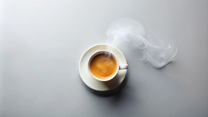 Aromatic espresso in a white cup with delicate steam rising on a light gray surface