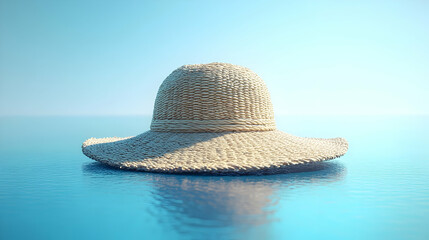 Summer Sun Hat Floating on Calm Ocean Water 3D Illustration