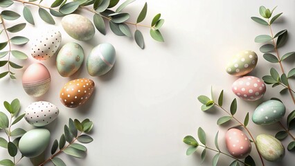 Pastel Easter Eggs and Eucalyptus Branches on White Background
