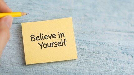 Believe in Yourself sticky note reminder.  A yellow sticky note with the inspirational message "Believe in Yourself" written on it. A hand holds a pencil nearby.