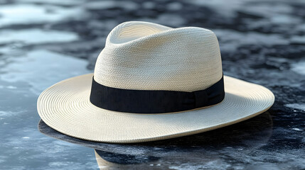 Elegant 3D Render of a Cream-Colored Panama Hat with a Black Ribbon