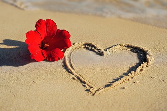 Red hibiscus flower on beach sand near a heart shape created by the tide