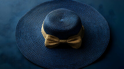 Elegant Blue Straw Hat with Gold Bow Illustration
