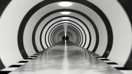 Obraz premium Digital tunnel effect featuring symmetrical lines and sleek, modern design creates captivating visual experience. monochromatic color scheme enhances depth and perspective of tunnel