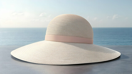Elegant Sun Hat 3D Render Seascape Background - Summer Fashion Accessory Illustration