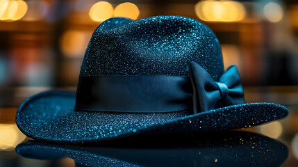 Sparkling Blue Glitter Fedora Hat with Bow - Fashion Illustration