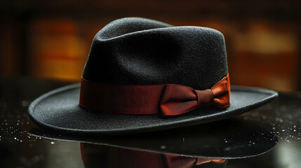 Elegant Black Fedora Hat with Burgundy Bow - Realistic 3D Render