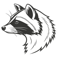 Monochrome raccoon head profile showcases distinct facial markings and fur texture meticulously crafted on a white background