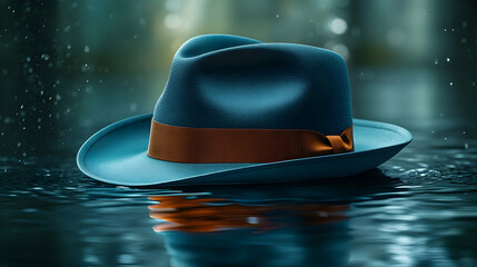 Teal Fedora Hat in Rain Water 3D Illustration
