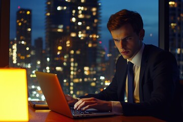 A young businessman sitting at a modern desk typing on a laptop with city lights behind him