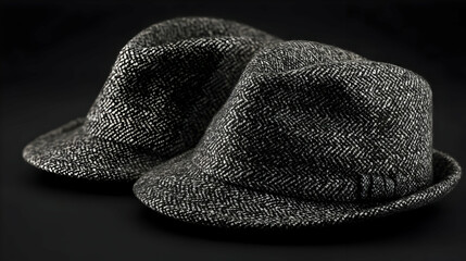 Stylish Black and White Tweed Fedora Hats - Photorealistic Product Image