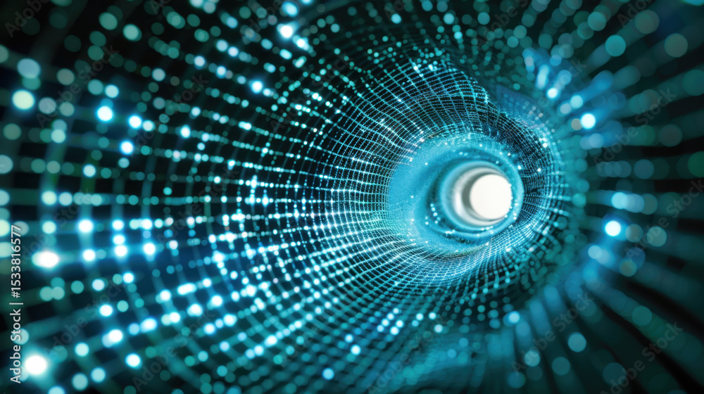 Poster futuristic abstract tunnel made of glowing blue lines and dots, creating mesmerizing visual effect t