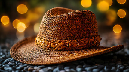 Brown Woven Straw Cowboy Hat on Pebbles - Realistic Photo
