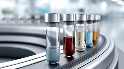 Vials containing various colored liquids move on a conveyor belt in a sterile, industrial setting.