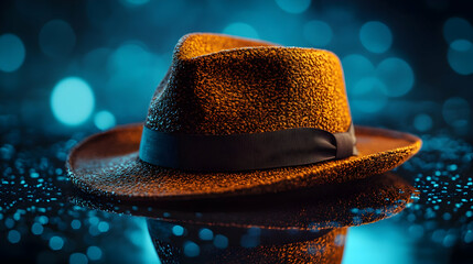 Golden Fedora Hat 3D Illustration on Teal Bokeh Background