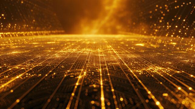 Golden glowing grid forms digital landscape, showcasing intricate patterns and shimmering lights that evoke sense of advanced technology and innovation