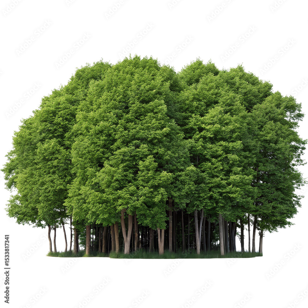 Fototapete grove of deciduous trees with lush green leaves, isolated on a white background for cutout or design