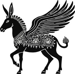 Fototapeta premium Ornate black winged donkey silhouette illustration