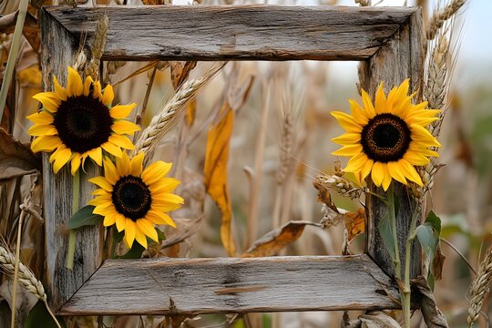 Rustic wooden frame adorned with beautiful sunflowers and golden wheat stalks