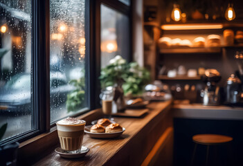Fototapeta premium Cafe atmosphere in the rain with coffee