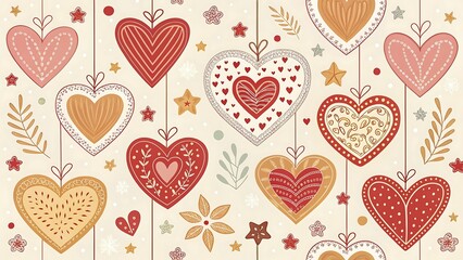 Hand drawn heart shape holiday background with abstract hearts. Seamless light pattern