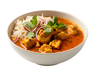 Delicious Indian butter chicken curry in a bowl, garnished with cilantro and sliced onions, isolated on a pristine white background.
